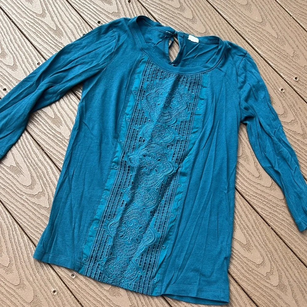 J Crew teal Celtic boho embroidered 3/4 sleeves top SZ XS - Picture 4 of 7